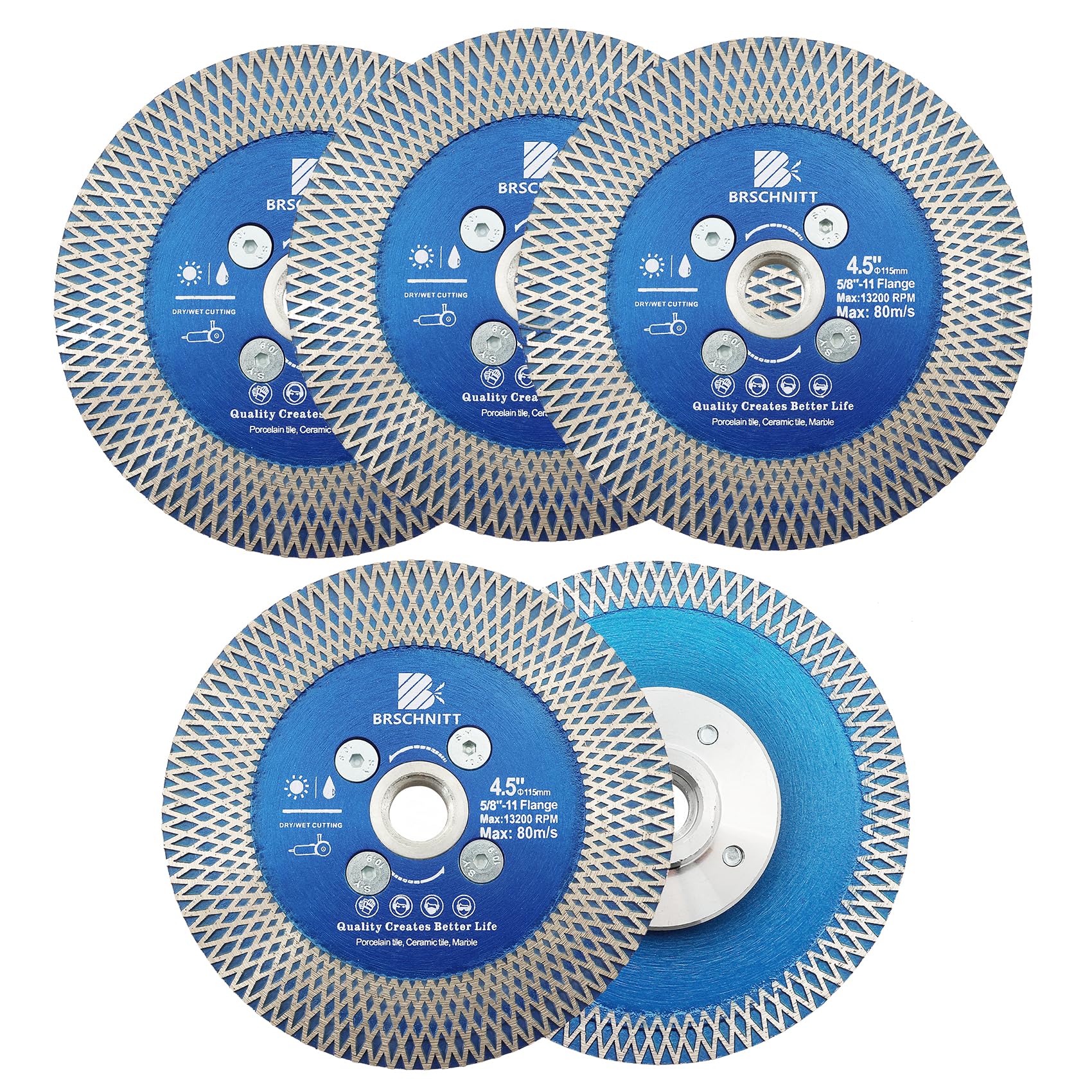 Diamond Porcelain Tile Saw Blade - BRSCHNITT 5pcs 4.5" Super Thin Diamond Cutting Grinding Disc with X Teeth with 5/8 Thread for Ceramic Tiles,Granite