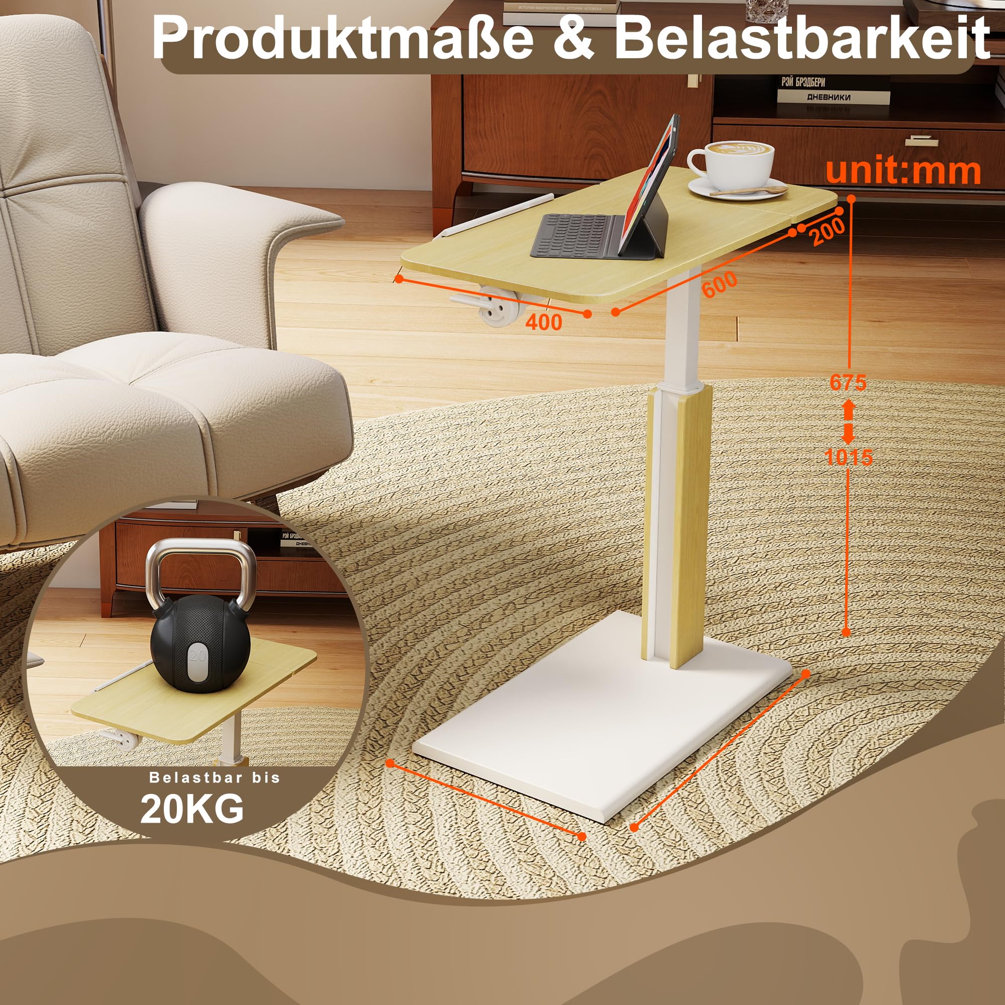 ETHU Klappbarer Laptoptisch mit Rollen, Höhenverstellbarer Nachttisch (67-101 cm) & Neigbare XXL-Tischplatte, Mobiler Beistelltisch für Bett, Sofa & Homeoffice (Eiche)