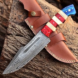 Damascus Steel Fixed Blade Bowie Hunting Knife With Horizontal and Scout Carry Leather Sheath -12 Inch Full Tang Tactical Survival Bushcraft Knives for Men - American USA TX Flag Handle Knife for Camping