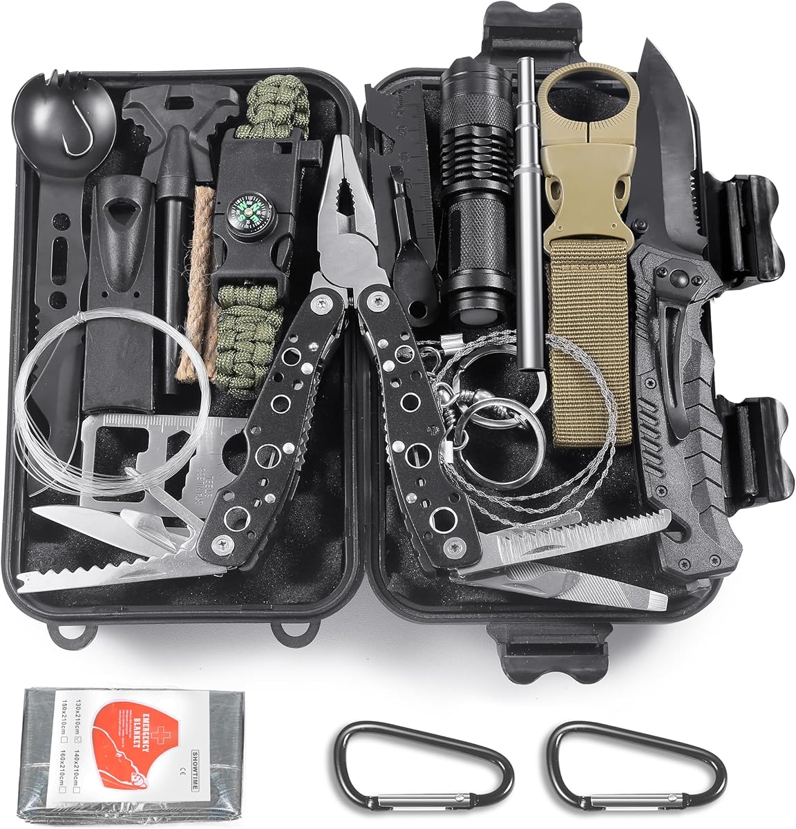 14 in 1 Survival Kit Mehrzweck-Survival-Kit, Erste-Hilfe-Set für Outdoor-Sport, Camping, Bergsteigen, Feuerstein/Thermodecke/Pfeife