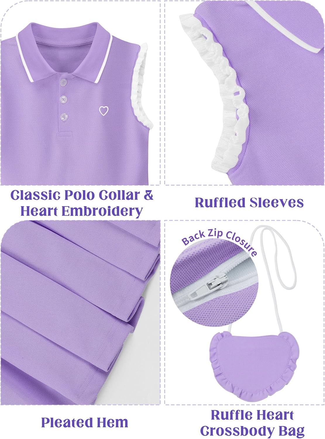 Cubear Toddler Girls Athletic Dress Tennis Golf Ruffle Sleeveless Dress with Heart Bag Polo Collar A-Line Sundress