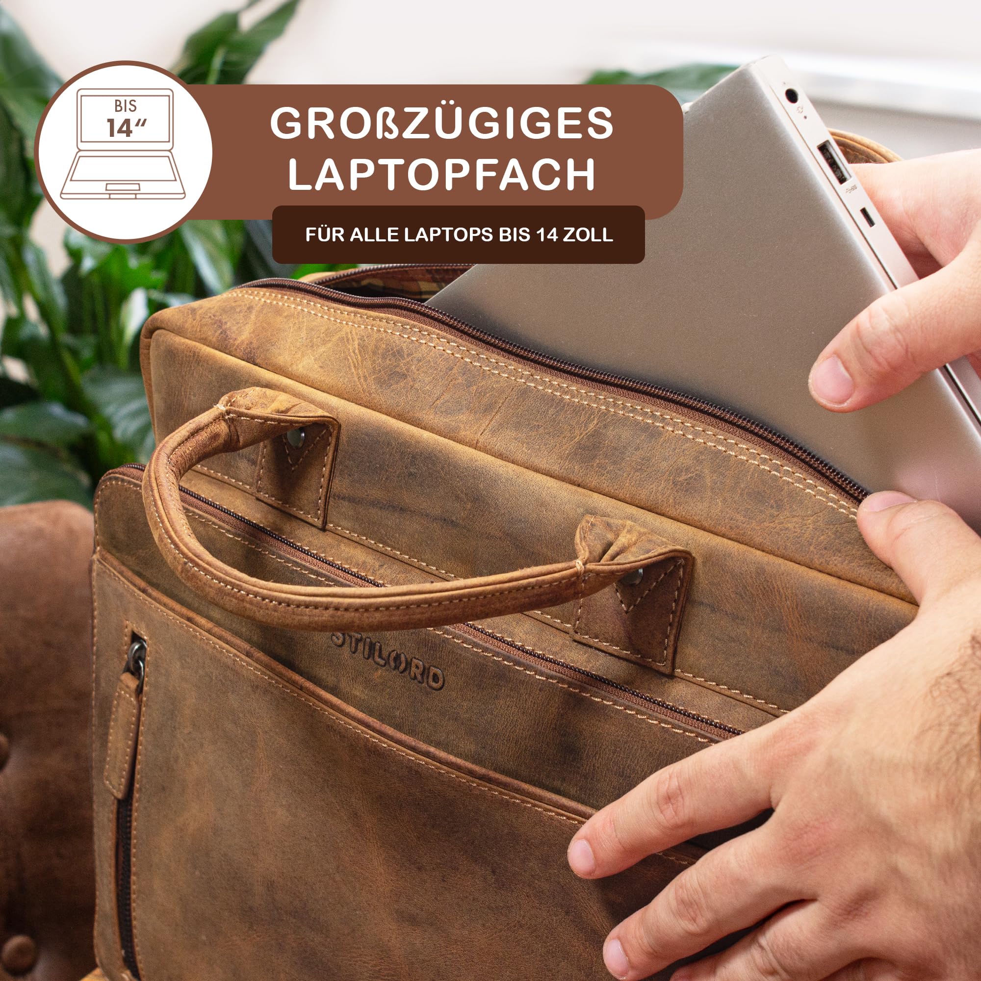 STILORD Ledertasche für Herren & Damen braun - Aktentasche mit 14 Zoll Laptopfach - Business-Tasche für Office, Uni & Büro - Umhängetasche 'Syd'
