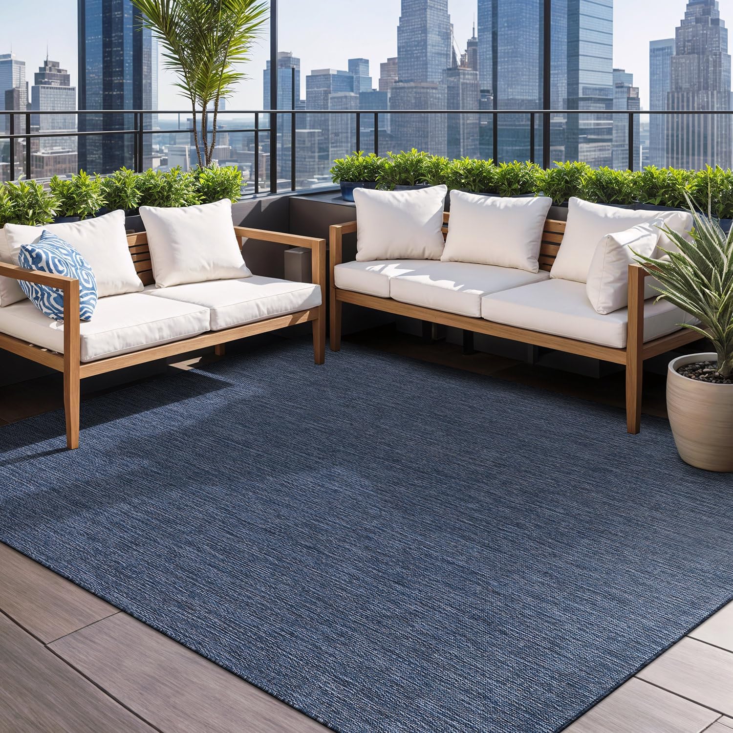 Beverly Rug Indoor Outdoor Rug 5x7, Washable Outside Carpet for Patio, Deck, Porch, Solid Modern Area Rug, Water Resistant, Azure Blue