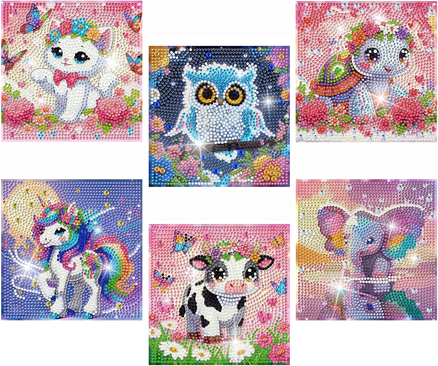 Bzconxin 6 Pieces Cartoon Animals Diamond Painting Kits for Kids Beginners,Diamond Art for Kids Ages 6-12 Girls Boys,5D Full Round Drill Big Gem Arts and Crafts for Home Wall Decor 6x6 Inch