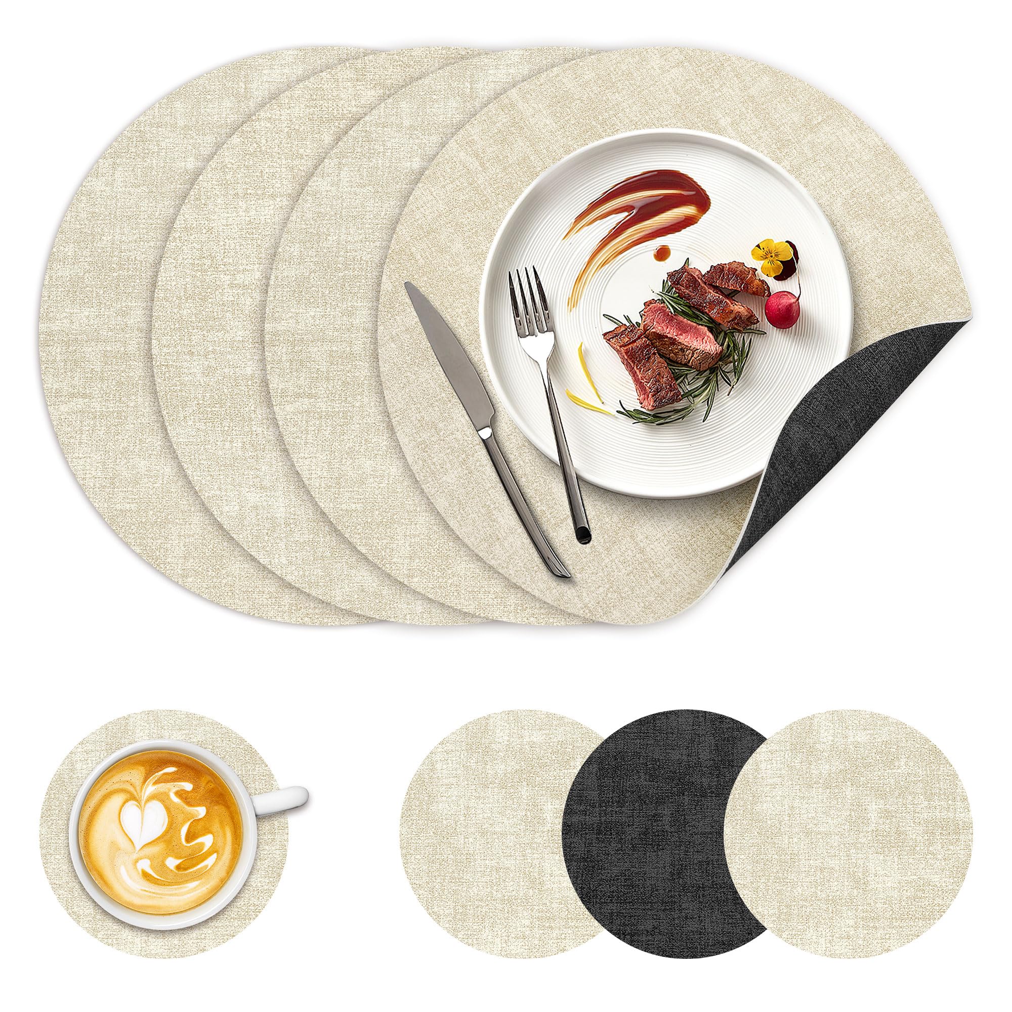 NCUE 13" Faux Leather Round Placemats Set of 4, Reversible Dual-Color