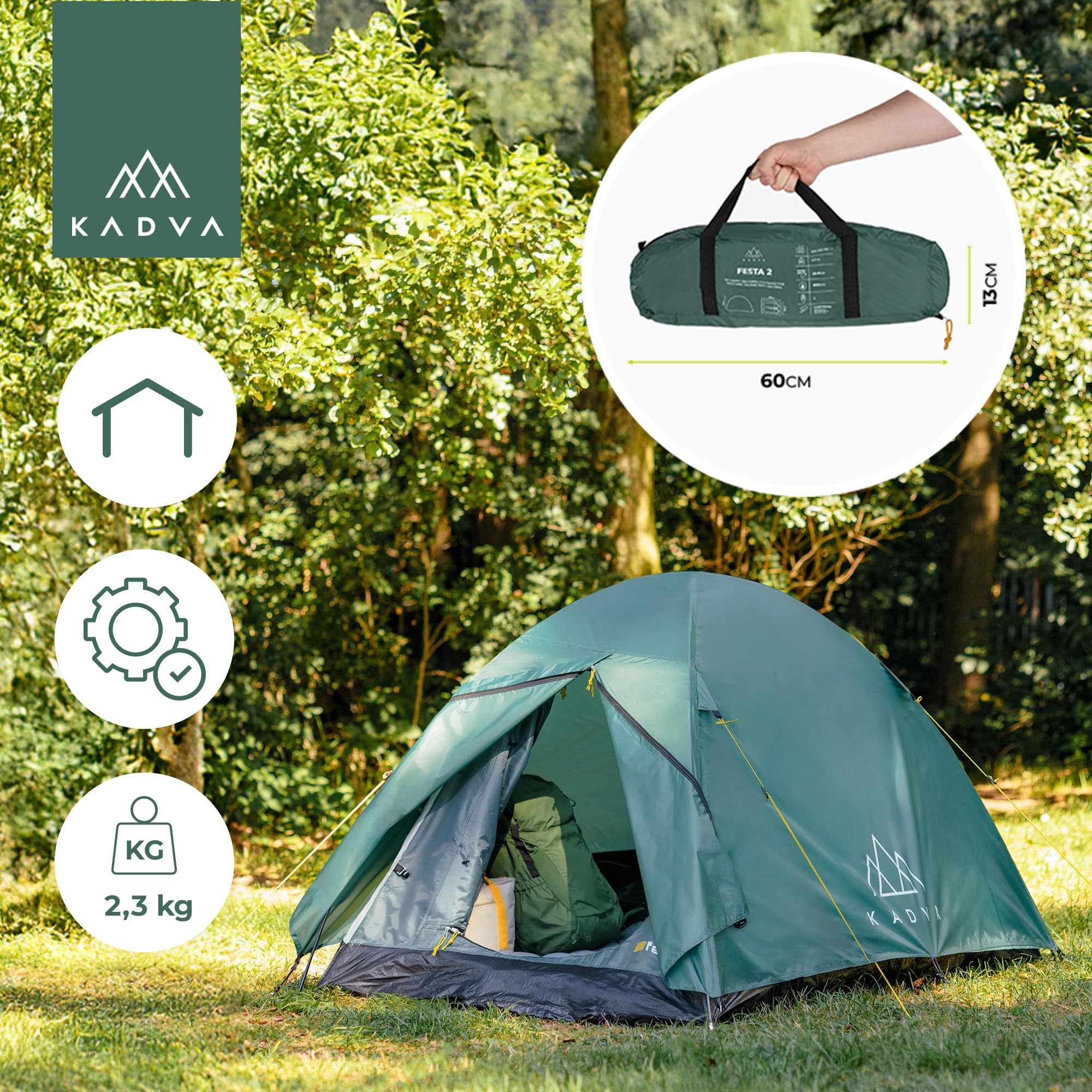KADVA Tenda da campeggio Festa 2 Tenda 200 x 120 x 105 cm per 2 persone con zanzariera, impermeabile, struttura in fibra di vetro leggera e robusta, ideale per il campeggio e le escursioni