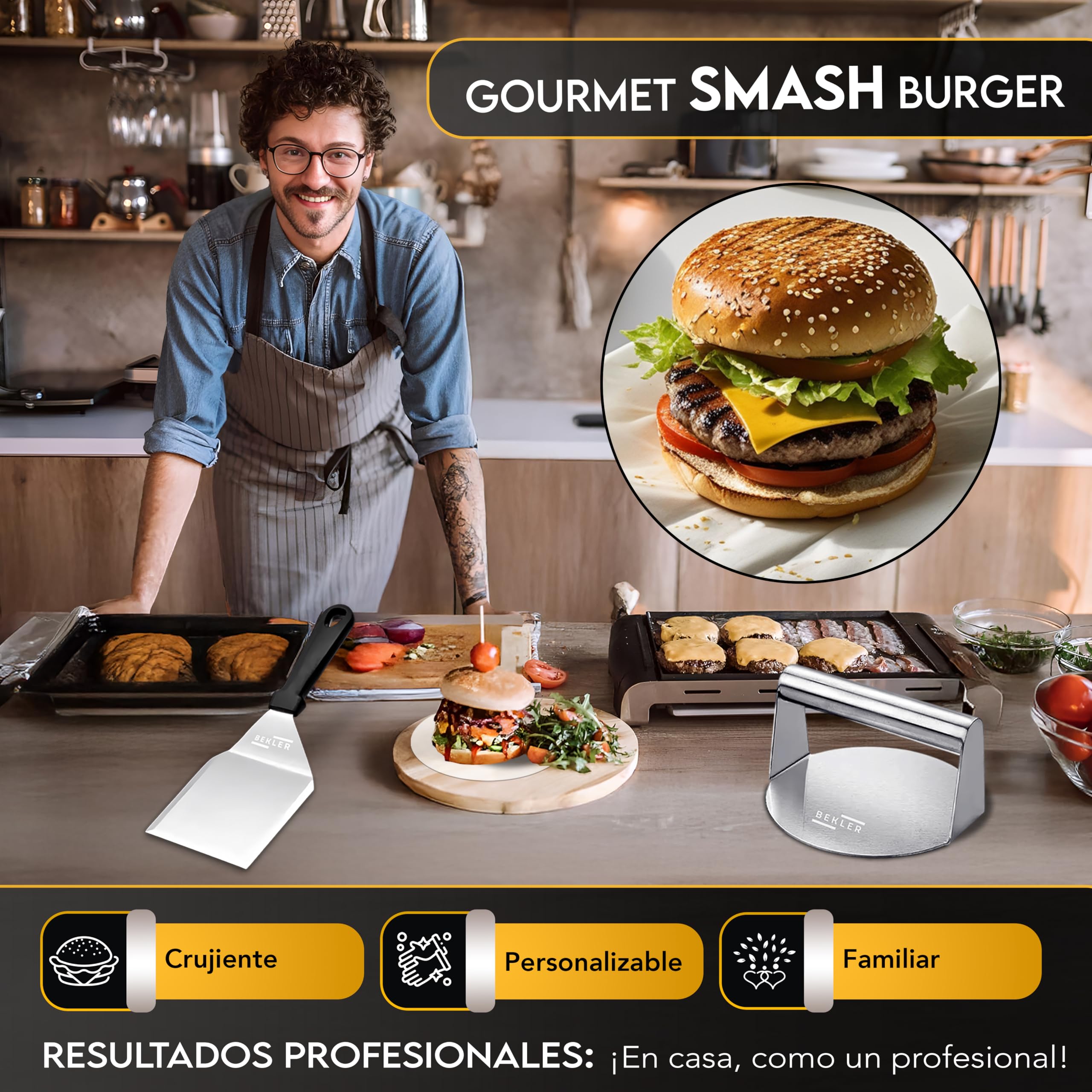BEKLER Kit Smash Burger - Smash Burger Kit con Aplastador De Hamburguesas Y Espátula, Prensa para Hamburguesas Smash En Acero Inoxidable, Aplasta Hamburguesas Profesional