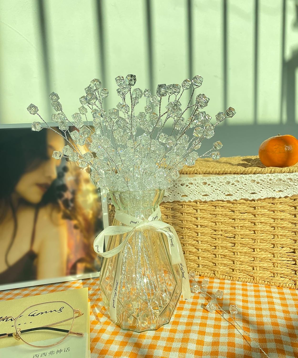 32 Stems Artificial Flowers Bouquet Crystal Acrylic Beaded Flower Branches Handmade Fake Baby Breath DIY Crafts Floral Arrangement for Wedding Home Office Decor(Clear)