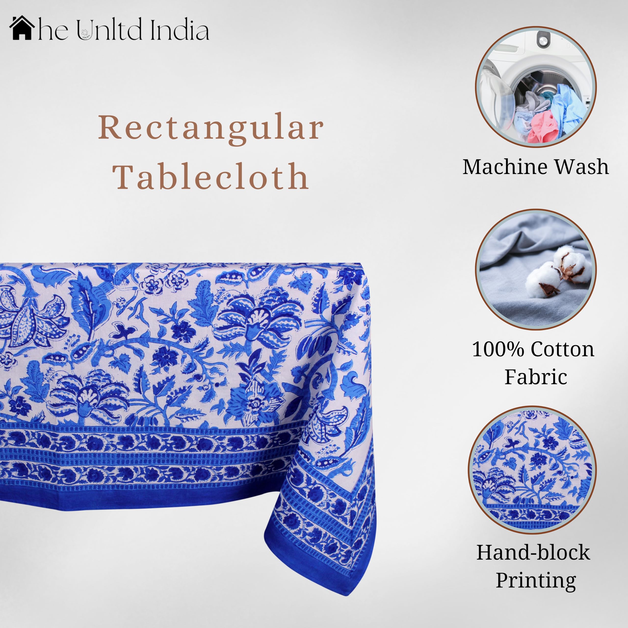 THE Unltd India Royal Blue 100% Cotton Rectangle Tablecloth, Block Print Summer Floral Dining Table Cloth, 60 x 90 Inch - Image 2