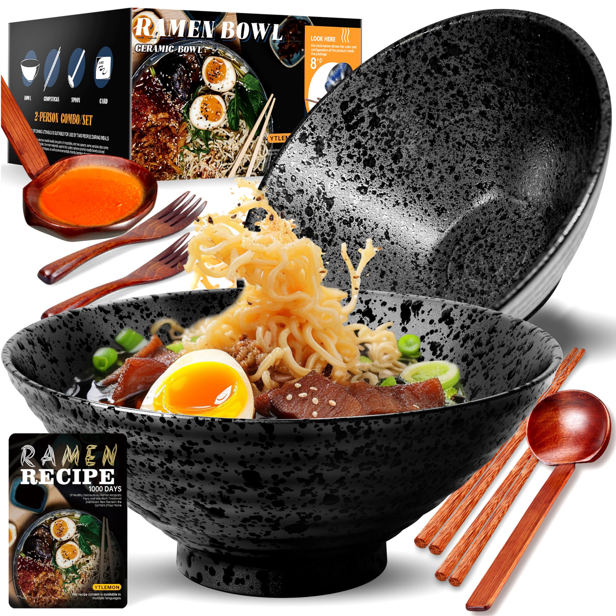 Amazon.com | 8-Inch Large Ceramic Ramen Bowl Set of 2 (9 Piece