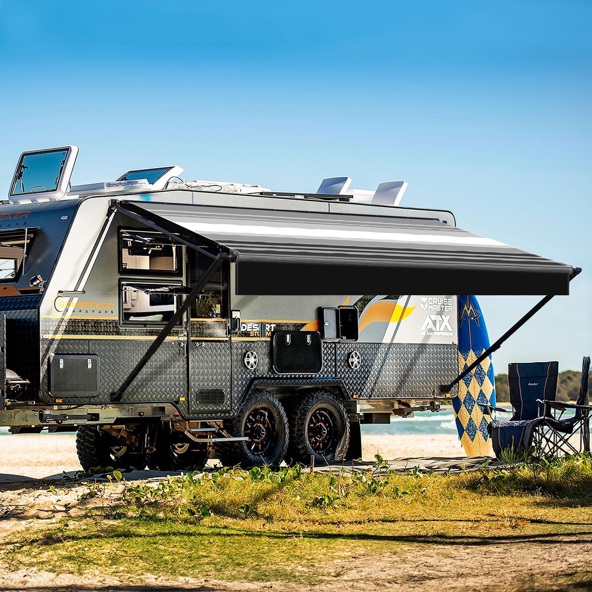 YESCAMP Manual RV Awning Complete Kit Retractable Camper Awning for RV or Trailers RV Roll Out Awning for Camper or 5th Wheel,Travel Trailers,Toy Haulers,Motohome(13Ft,Black Frame,Black Stripe)