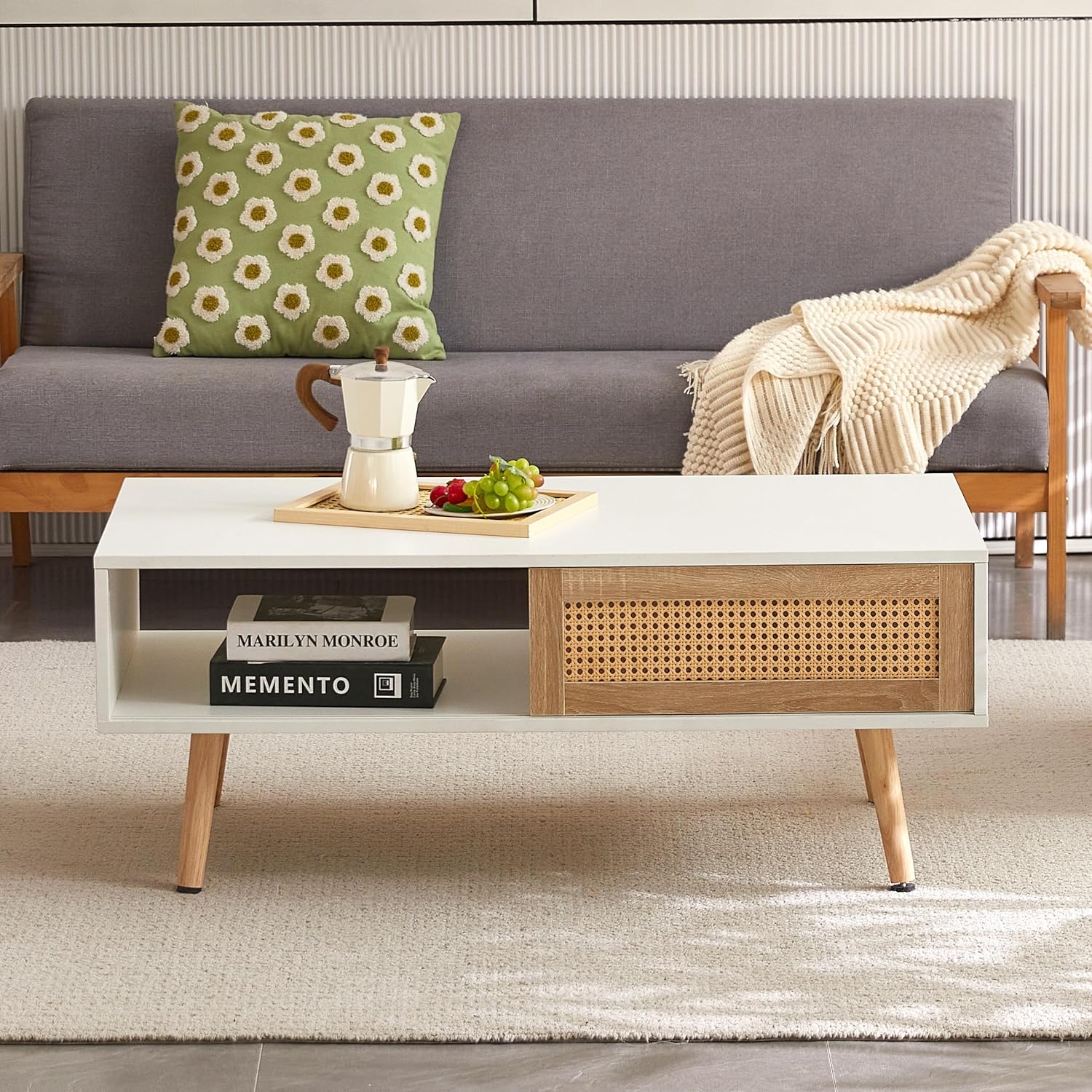 Boho Coffee Table for Living Room, 41.3" Rattan Coffee Table with Sliding Doors & Open Storage Shelf, Mid-Century Center Table for Small Space, White