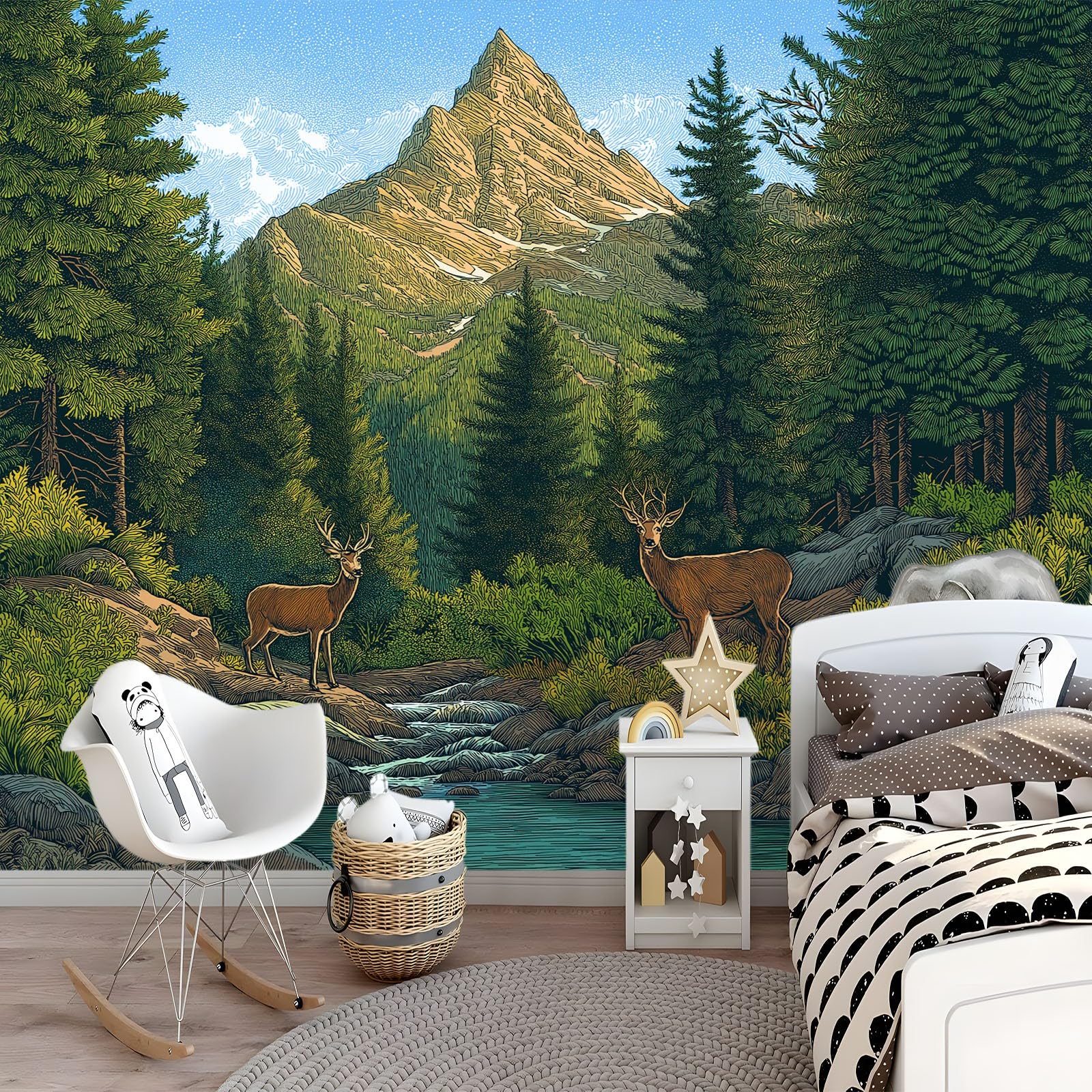 Tapeta 3D, las, strumień, jeleń, 250 x 175 cm, murale ścienne, naturalne elementy, włóknina, fototapeta do salonu, sypialni, pokoju dziecięcego, biura, dekoracja, łatwa w instalacji