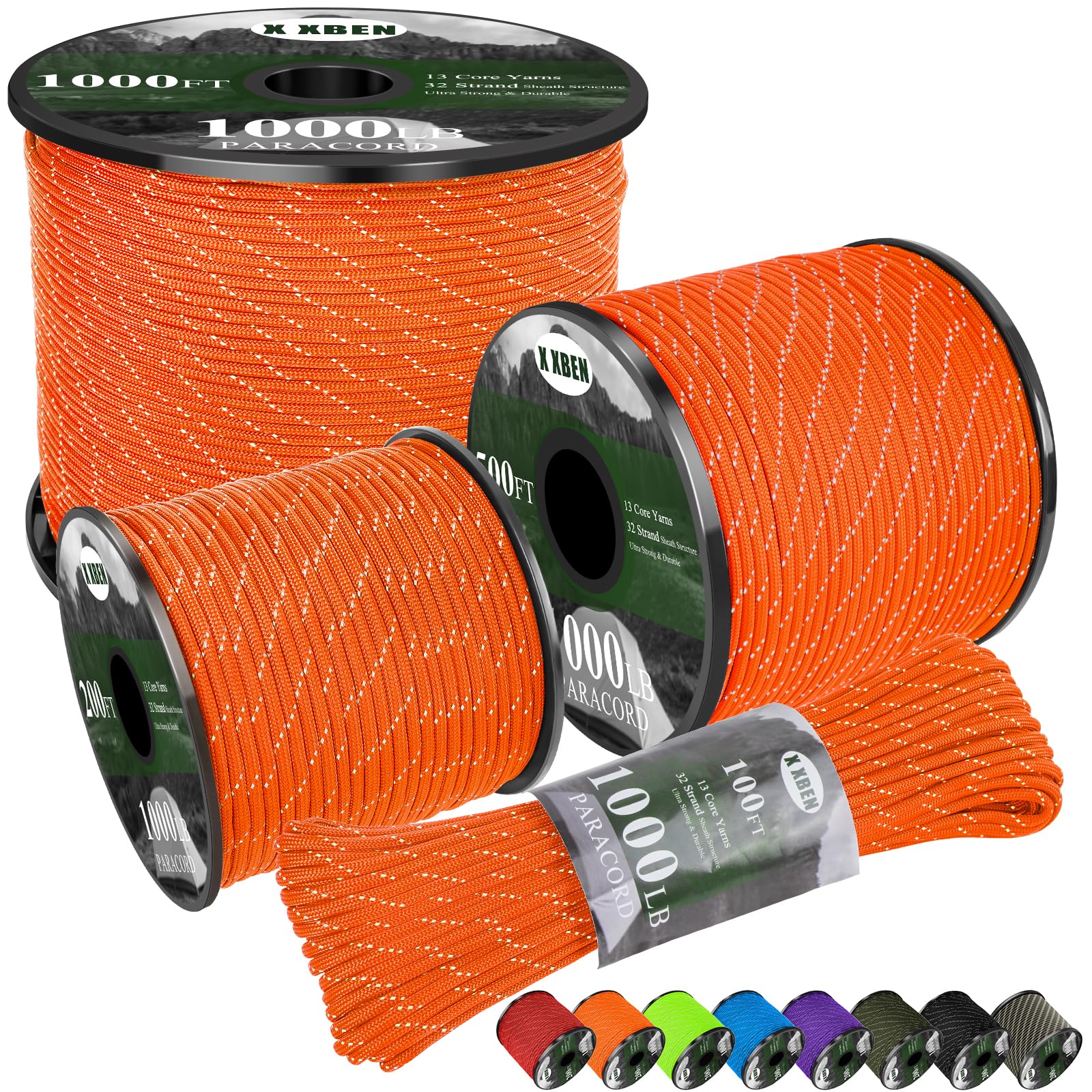 X XBEN Paracord Reflective 1000lb, 50/100/200/500/1000ft 4mm, 13 Strand Parachute Spool C…