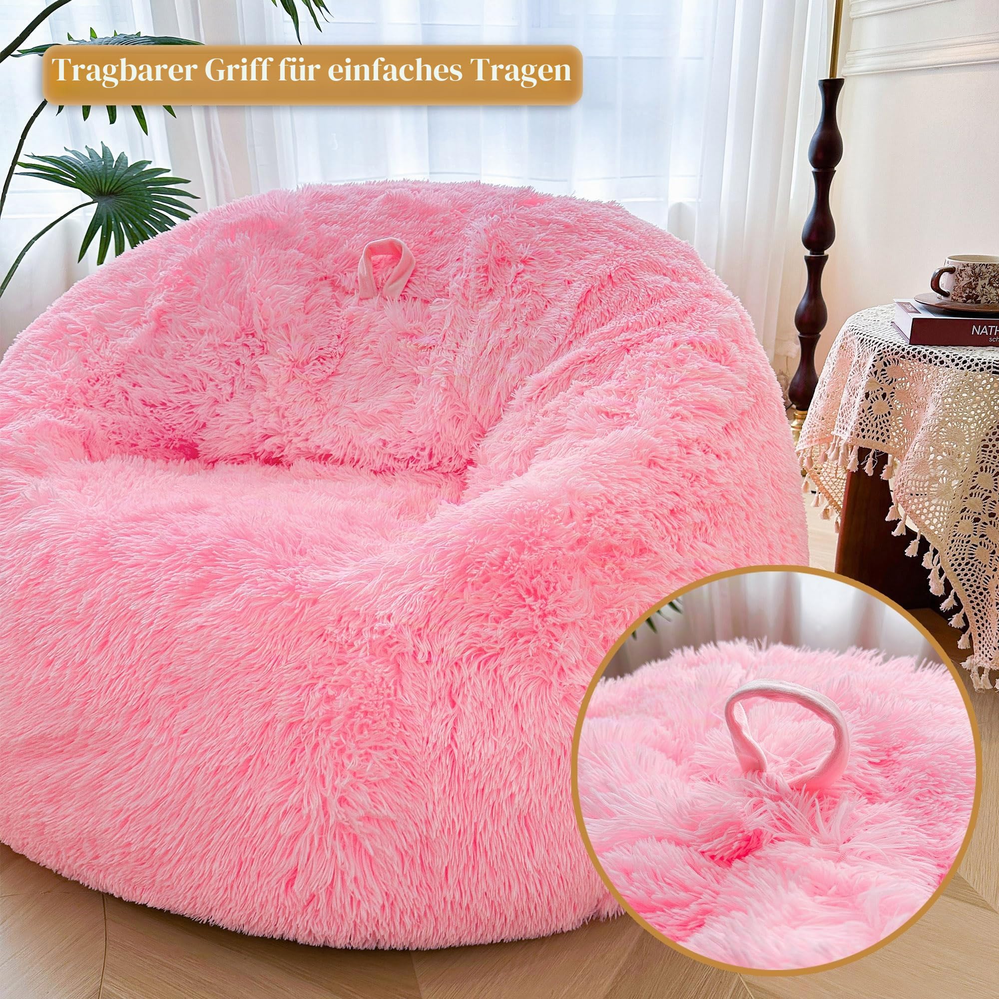 XeGe 5FT Riesenflauschige Sitzsackhülle (ohne Füllung), Ultrasoft Kunstfell Sitzsack zur Plüschtieraufbewahrung, XL Großer Lazy Sofa Sitzsack für Erwachsene Kinder Teens Mädchen, rutschfest, Rosa