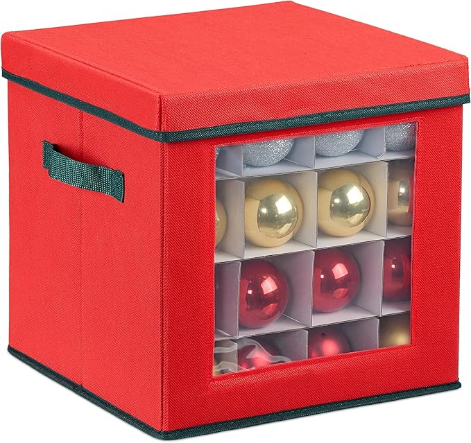 Relaxdays Weihnachtskugel Aufbewahrungsbox, für 64 Kugeln, HxBxT: 30 x 30 x 30 cm, Vlies, Pappe, Kugelkiste, rot/grün