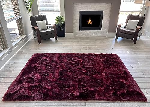 Miniatura 2 de LAMBZY Elegante y sofisticada alfombra rectangular de piel de oveja (borgoña, 9 x 12 pies)