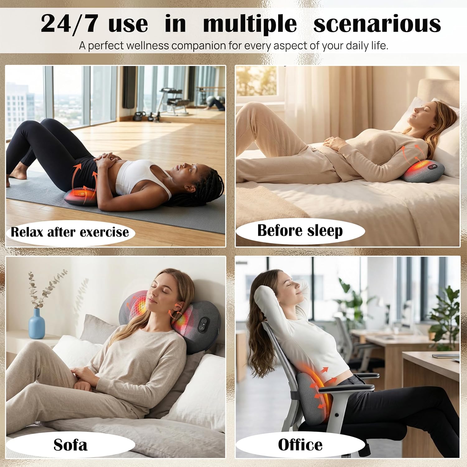 Condition photo showing New/Like New for 3-in-1 electric back massager pillow with heat, vibration & traction, ergonomic lumbar support cushion with memory foam, sciatica pain relief pillow, triple fusion massager