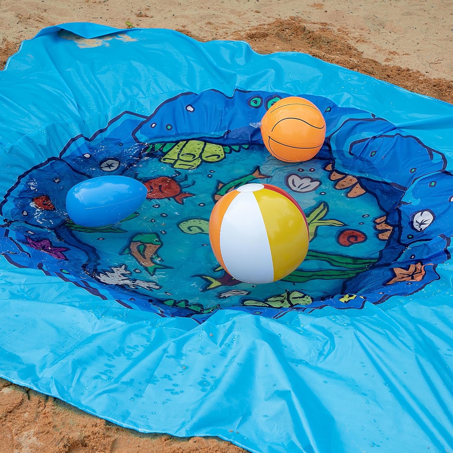 RunNico 6.6 x 6.6 Ft Portable Baby Beach Pool, Waterproof Beach Pool Blanket for Toddler with Water Bag, Collapsible Beach Puddle Mat for Boys Girls Kids Infant Outdoor Summer Vacation