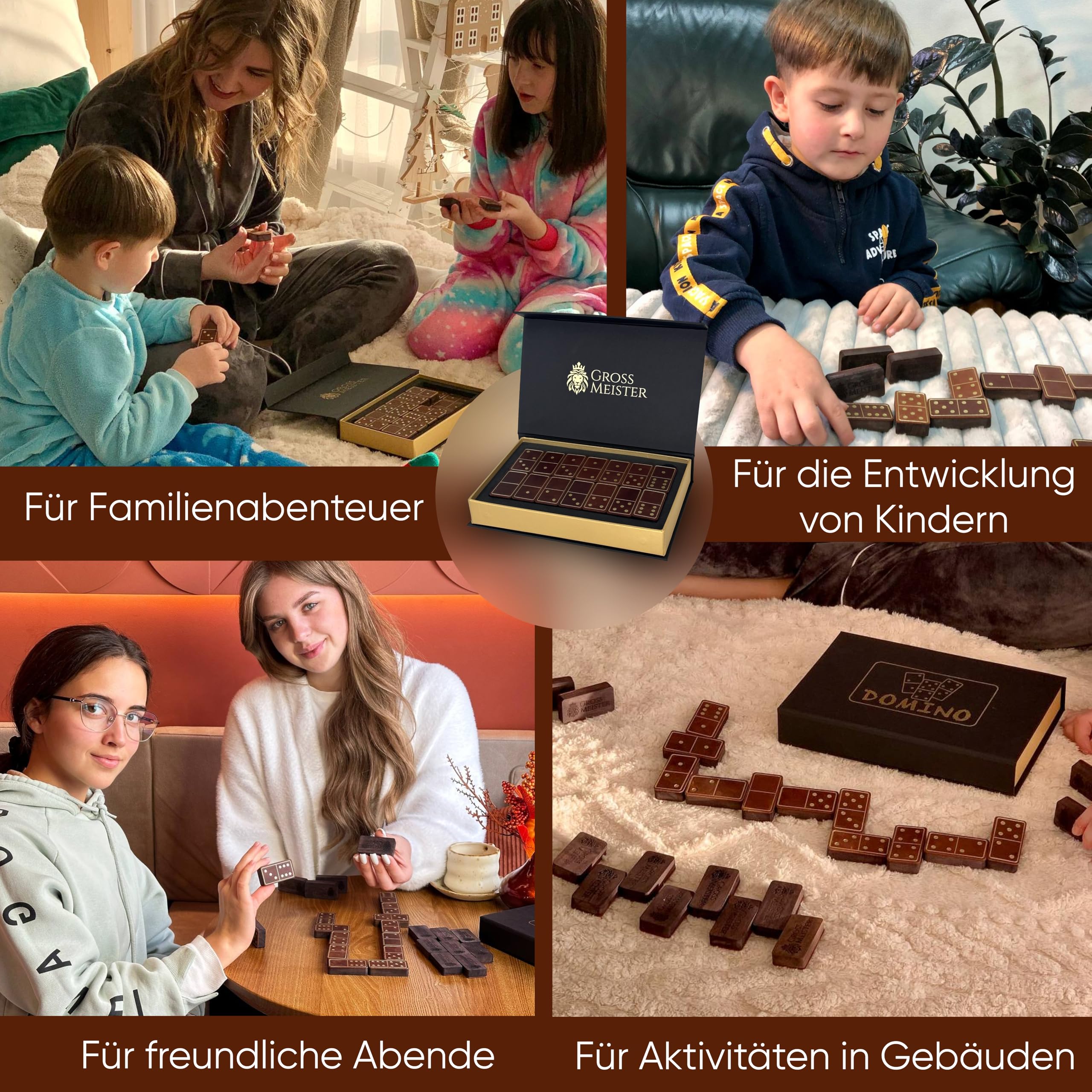 Premium Domino-Set Dunkelbraun – Handgefertigte Dominosteine aus Karbolt-Holz & Echtleder, luxuriöses Gesellschaftsspiel in edler Geschenkbox
