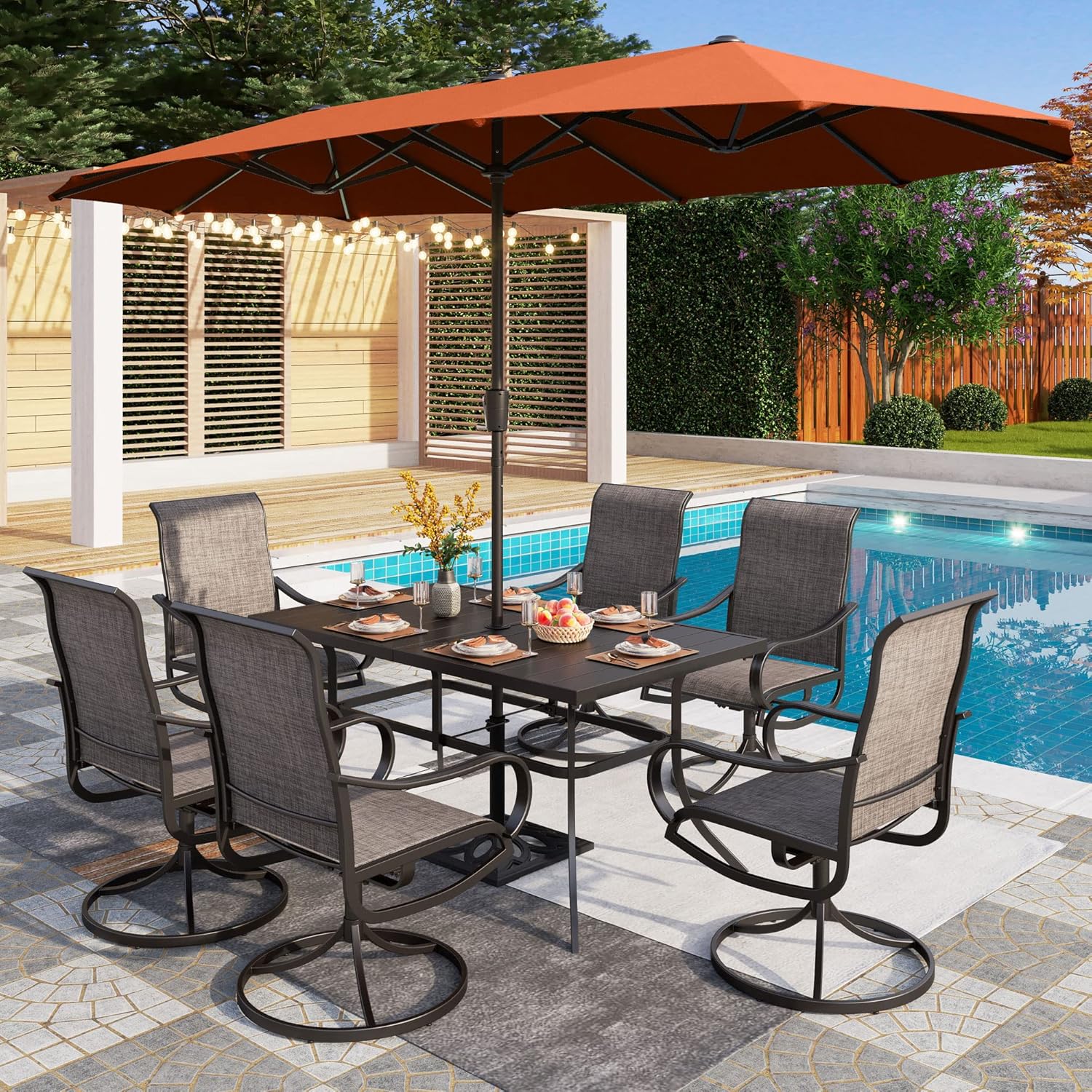 PHI VILLA 8 Piece Patio Dining Set with 13ft Patio Umbrella