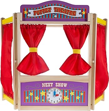 Hey! Play! Wooden Tabletop Puppet Theater with Curtains, Blackboard, and Clock- Inspires Imagination and Creativity for Kids, Boys and Girls