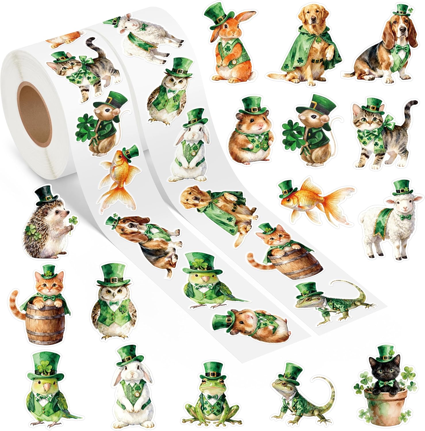 Spring Watercolor Roll Stickers - 1000Pcs Easter Green Shamrock Hearts Coquette Bow Aesthetic Stickers for Kids, Irish St Patrick's Day Decals Gifts for Party Laptops Guitar Luggage Birthday