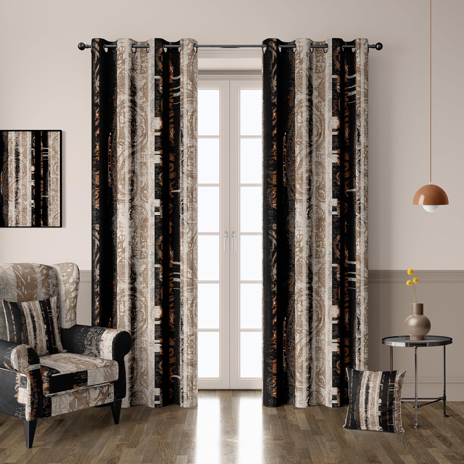 100% Blackout Curtains 2 Panels Set Black and Beige Black Out Curtain Shabby Chic Cream Tan Thermal Insulated Window Treatments Decor for Living Room Bedroom Darkening Curtain 52x84 Inch
