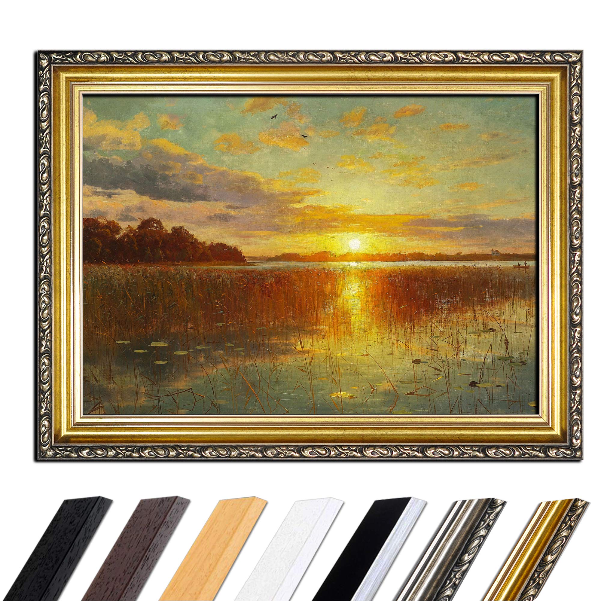 Bilderdepot24 Bild mit Rahmen - Peder Mork Mönsted Sonnenuntergang über einem dänischen Fjord 50x40 cm - Gerahmtes Leinwandbild Alte Meister - Antiker Rahmen Gold Barock, Klassisch