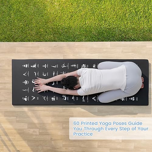 Miniatura 4 de MABOZOO Tapete de yoga instructivo de 1 pulgada con posturas, tapete de ejercicio de piel sintética con 60 posturas de yoga ilustradas, cojín de