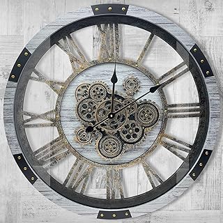 DORBOKER 30" Original Moving Gears Wall Clock, Large Industrial Wall Clock for Living Room Decor, Solid Wood Vintage Farmhouse Steampunk Rustic Clocks for Wall Decor,Silver Grey