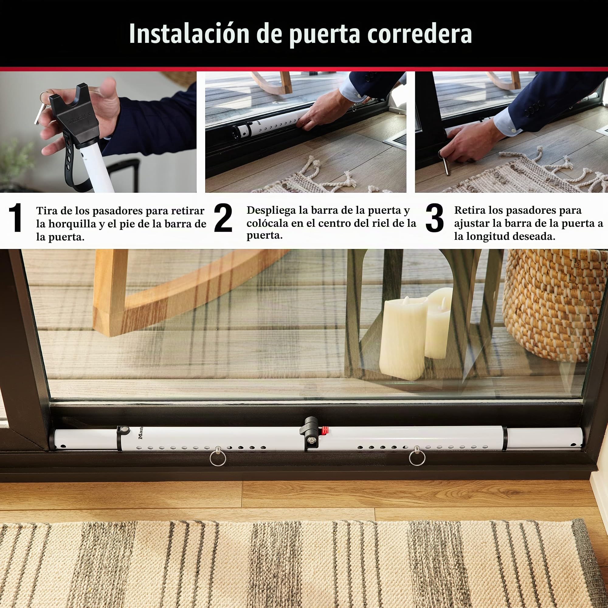 Master Lock Tope de puerta compacto, barra de seguridad plegable, ajustable para puertas batientes y correderas, color blanco