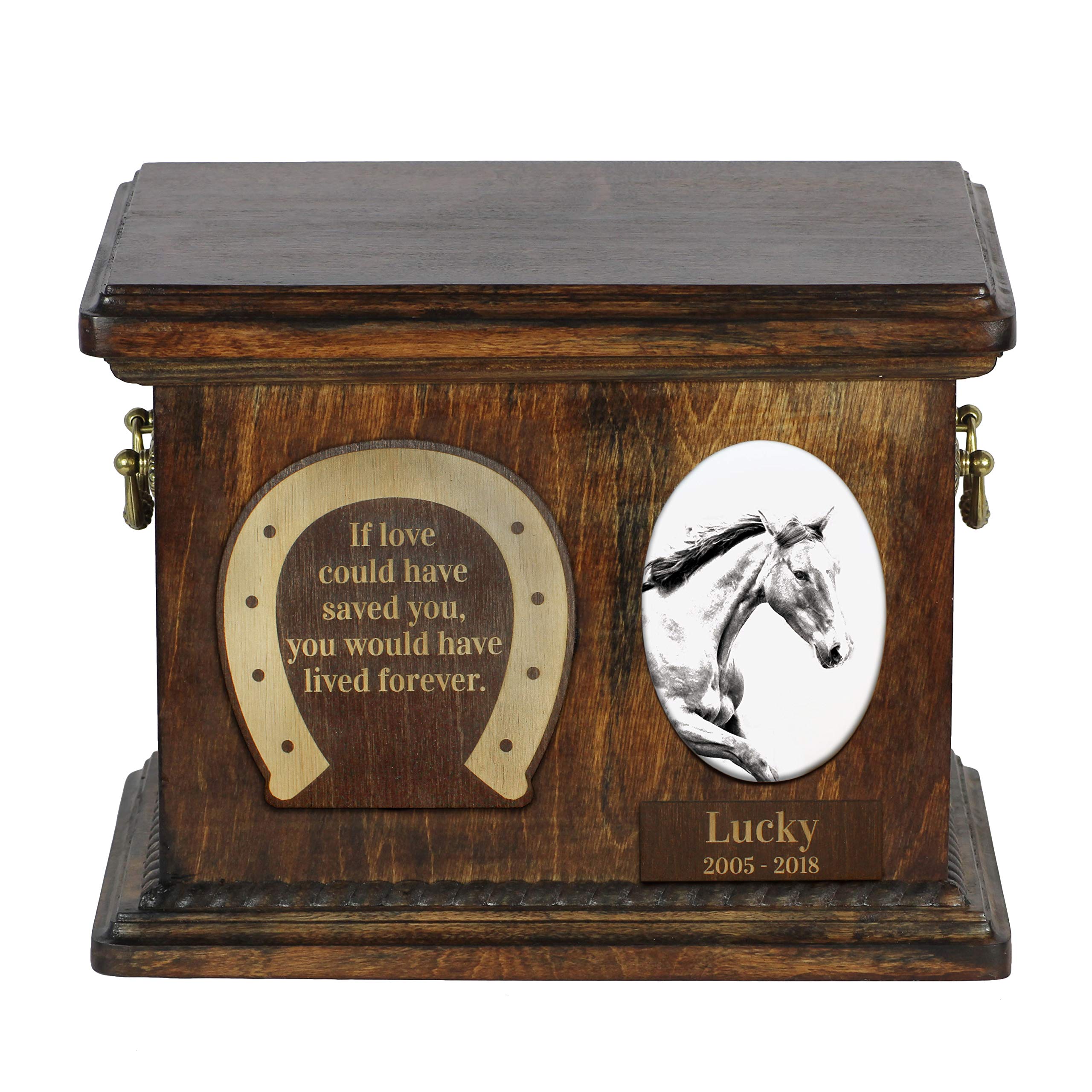 Urne de crémation pour cheval en bois fait main Art-Dog avec plaque Sports Irlandais