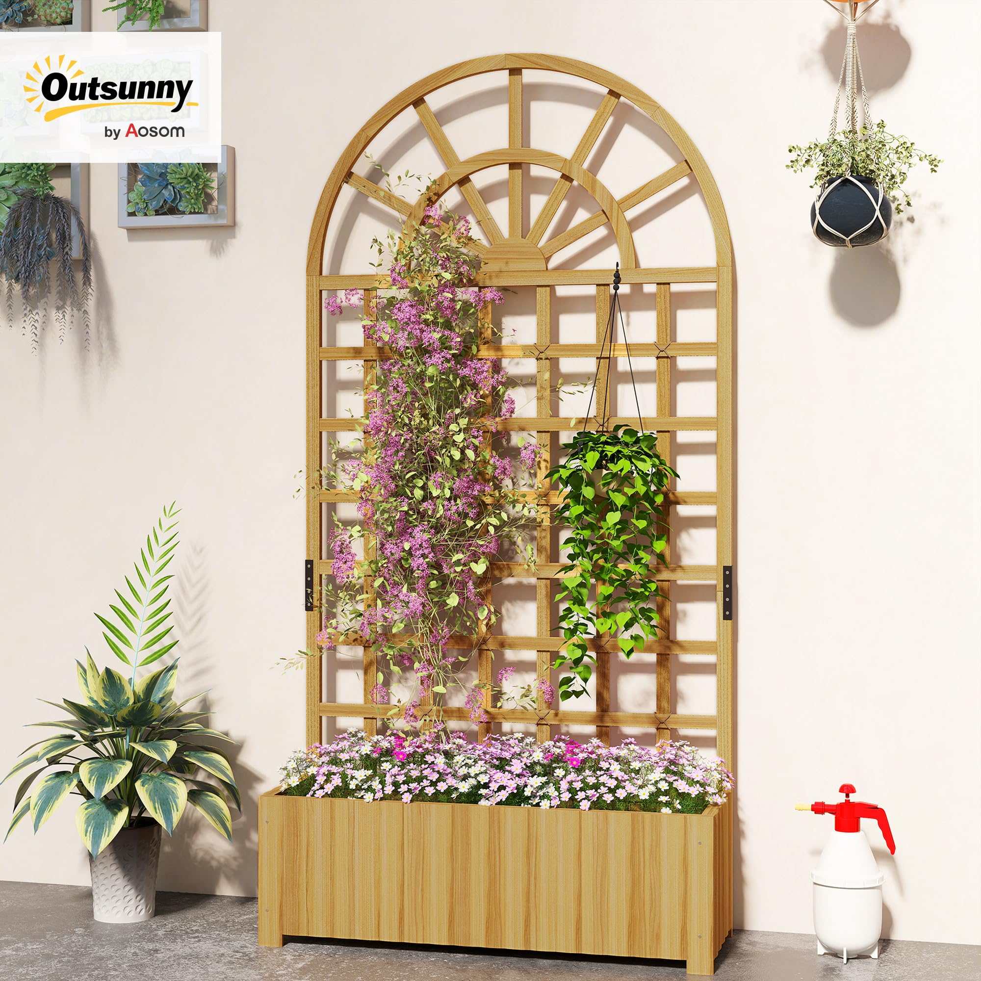 Outsunny Jardinière avec treillis, lit surélevé bac à fleurs pour plantes grimpantes et légumes, bois massif, avec trous de drainage, usage intérieur et extérieur, 90 x 30 x 180 cm, effet bois naturel