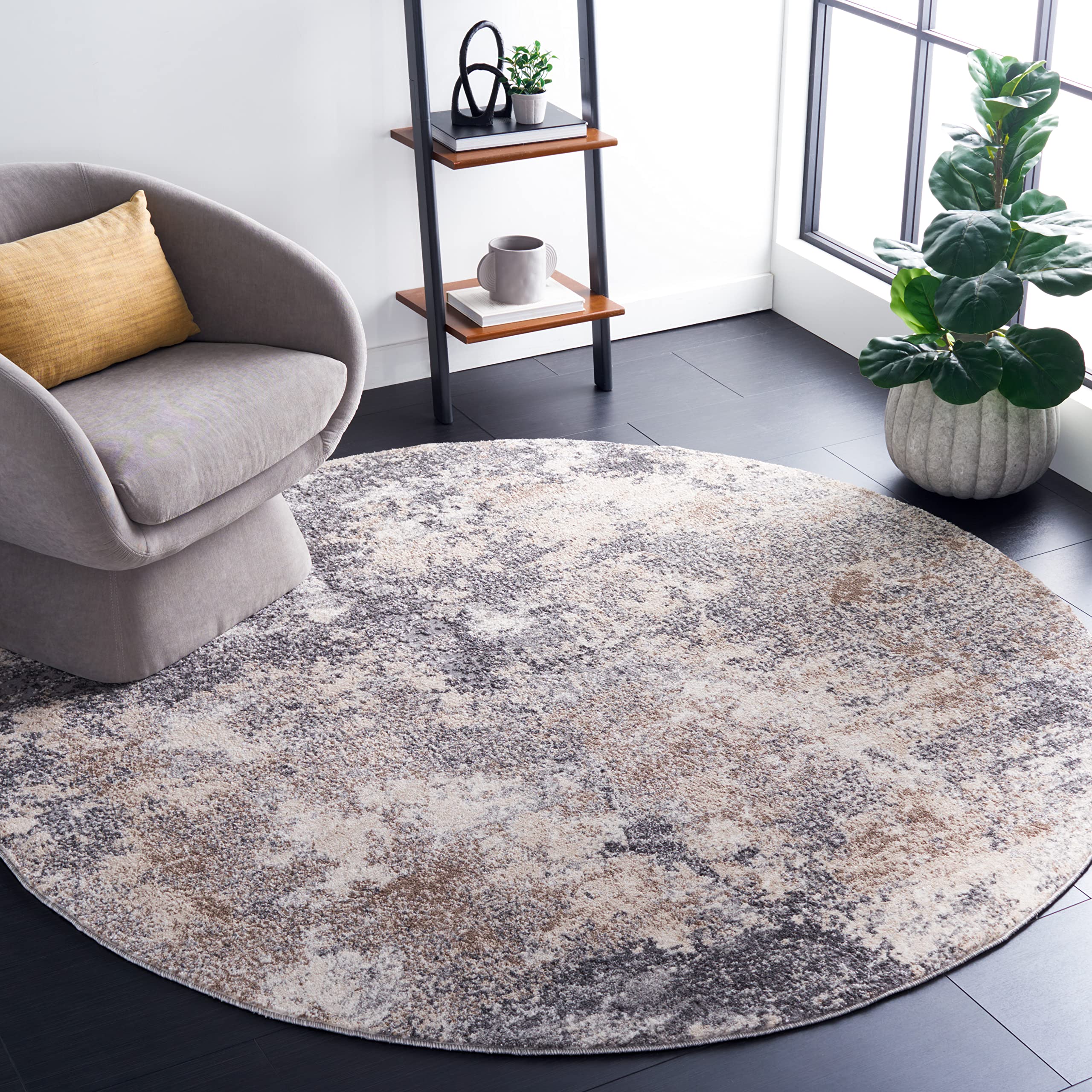 SAFAVIEH Aston Collection 6'7" Round Light Grey/Grey ASN710F Modern Abstract Non-Shedding Dining Room Entryway Foyer Living Room Bedroom Area Rug