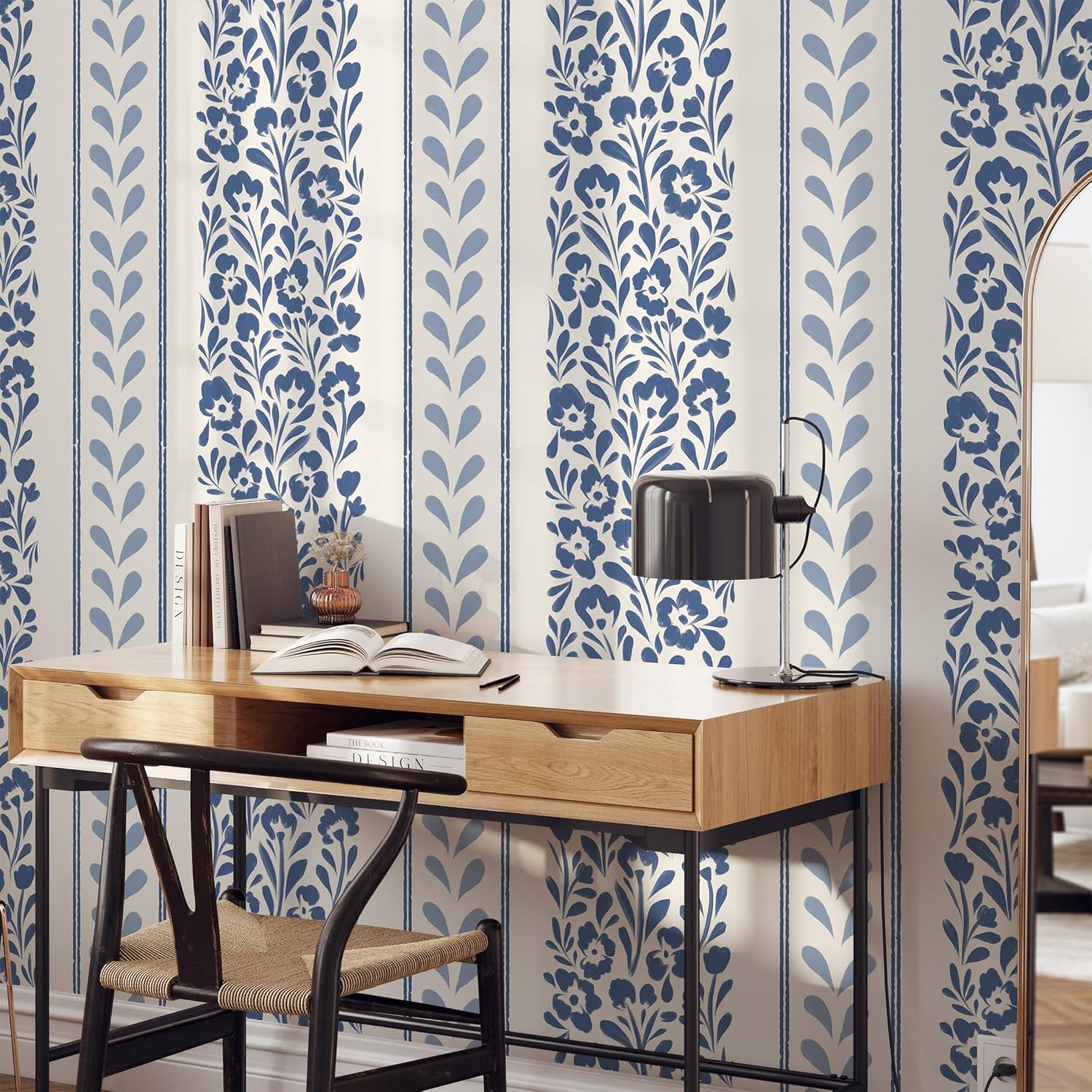 Blue Floral Peel and Stick Wallpaper Minimalist Blue Watercolor Wildflower Removable Self-Adhesive Farmhouse Wall Paper Waterproof Contact Paper for Bathroom Kitchen Backsplash