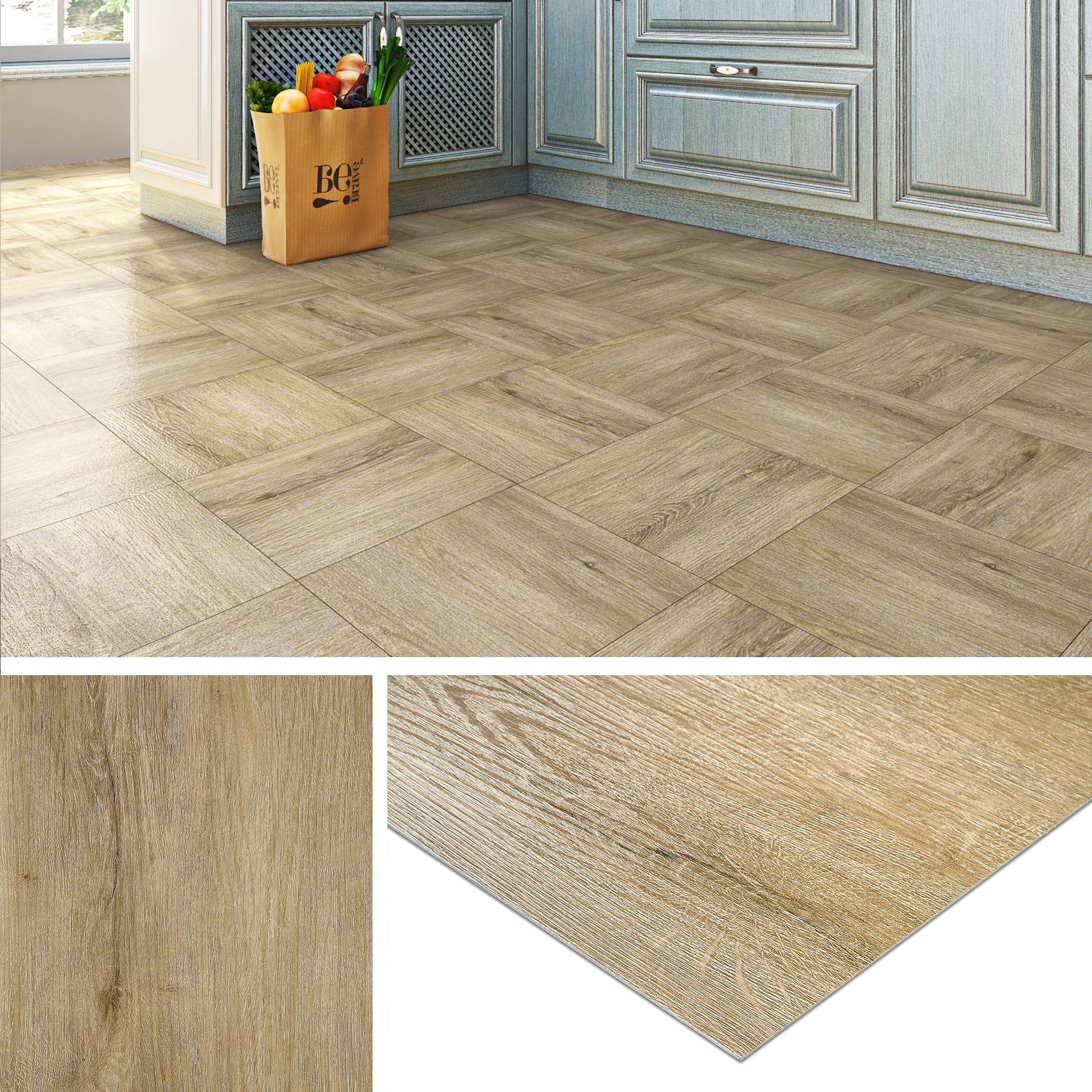 Livelynine PVC Flooring Tile Look, 30 x 30 cm, Vinyl Self-Adhesive Wood, Light, Pack of 16 Tiles, Kitchen, Waterproof
