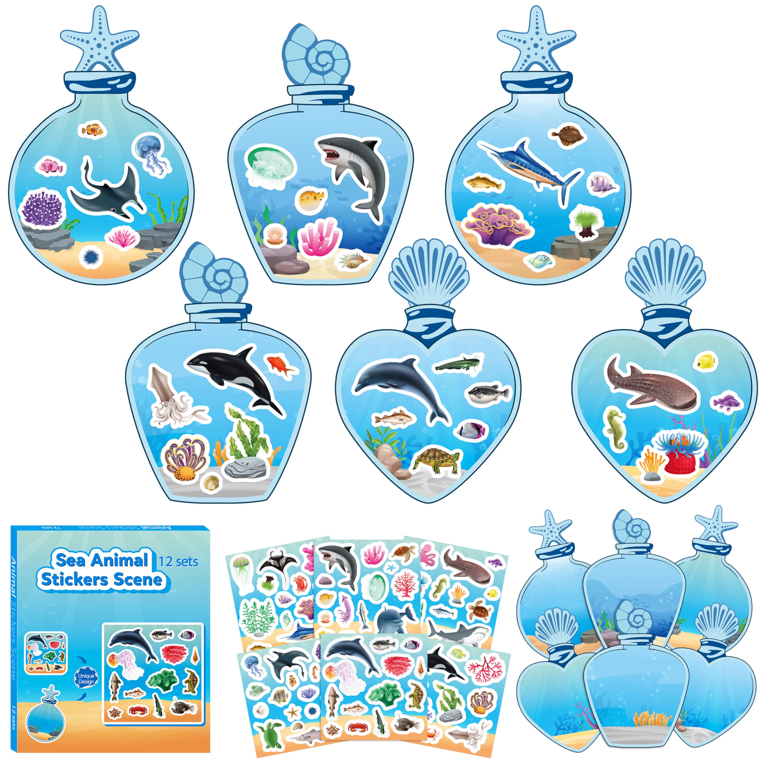 CY2SIDE 12PCS Sea Animal Jar Scene Stickers - DIY Ocean Craft For Kids, Sharks, Coral, Party Activities
