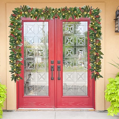 Miniatura 5 de Juegoal Guirnalda de Navidad de 9 pies, guirnalda artificial preiluminada, decoración con flores, bolas de conos de bayas, adorno de 50 luces LED