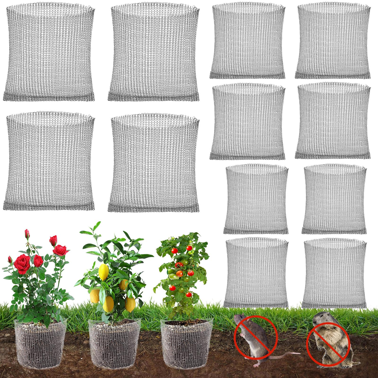FxlStelrion 12PCS Stainless Steel Mesh Bags, 3 Sizes Plant Root Protection Net Bags, Gopher Proof Wire Basket, Garden Plant Mesh Bag, Against Vole Rodents Wire Baskets for Vegetables, Trees, Flowers