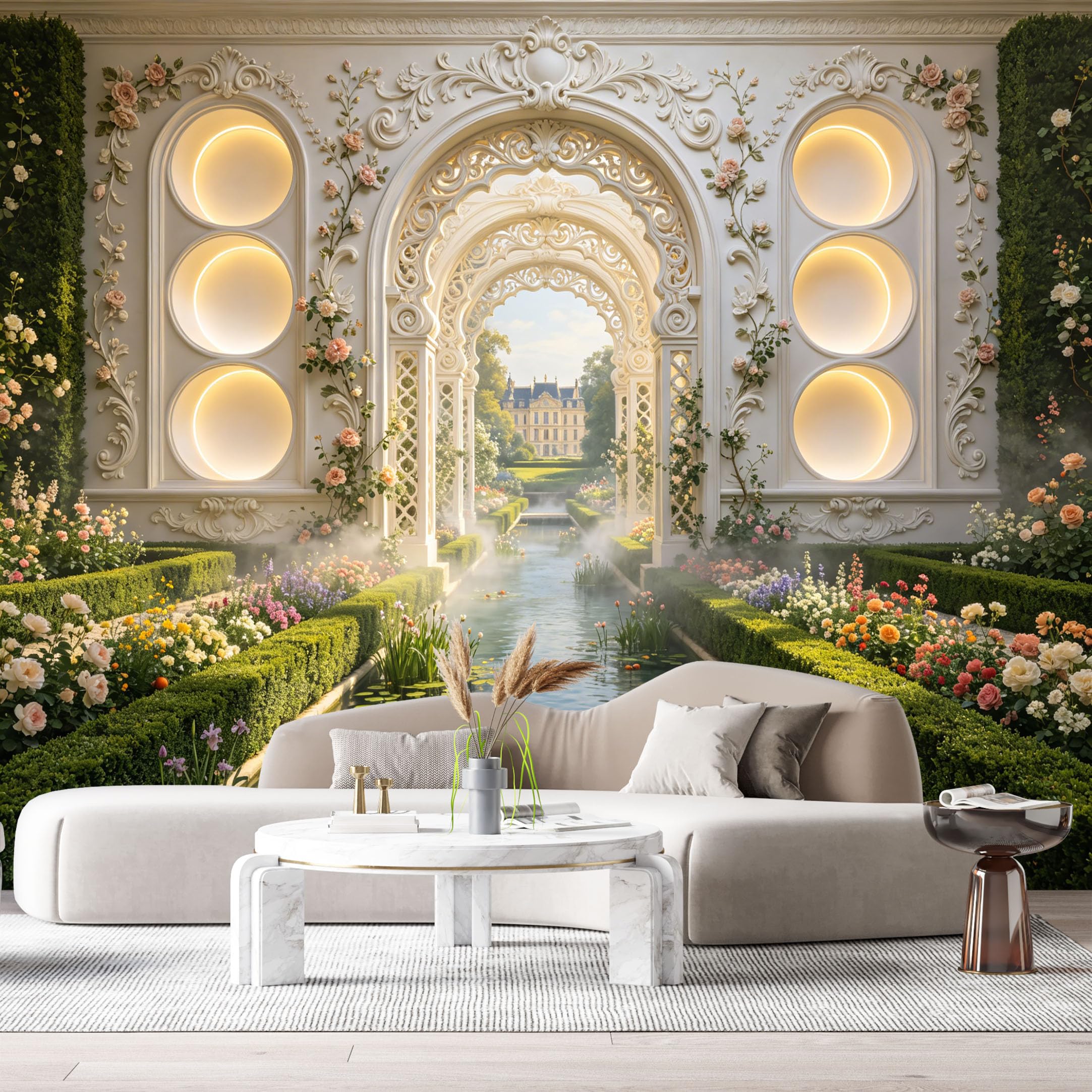 Custom Size Wall Murals Neoclassical Garden Archway Canal Roses 3D Trompe L'Oeil SelfAdhesiveWall Fabric Removable Wallpaper Wall Decor for Living Room Bedroom Bathroom
