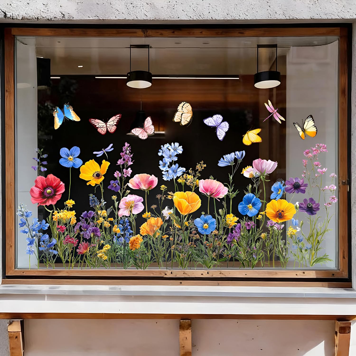 Flower Window Clings, Colorful Wildflower Window Clings, Floral Bouquet Decals with Butterflies and Dragonflies, Lily Peony Poppy Grass Stickers for Bedroom Living Room Office Home Decoration