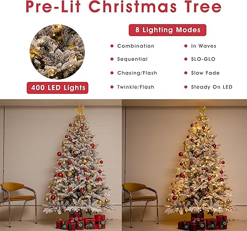 Miniatura 3 de Árbol de Navidad flocado preiluminado de 7 pies con luces blancas cálidas, árbol de Navidad lleno de nieve con 1326 puntas de rama, 400 luces
