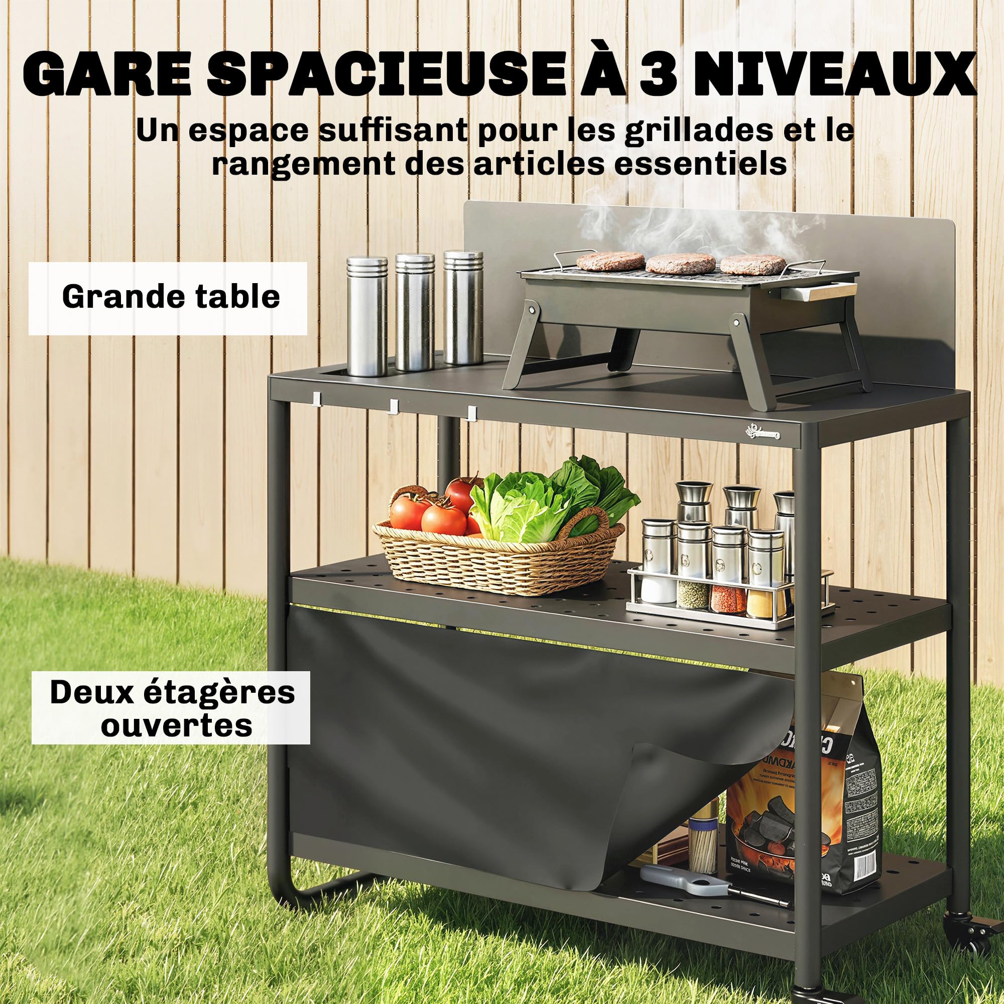 Outsunny Chariot de Barbecue en Acier 100x46x110cm avec Pare-vent - Desserte de Jardin 3 Niveaux Mobile avec Rideau Oxford - Station de Cuisson pour Plancha et Four à Pizza avec Rangement, Noir