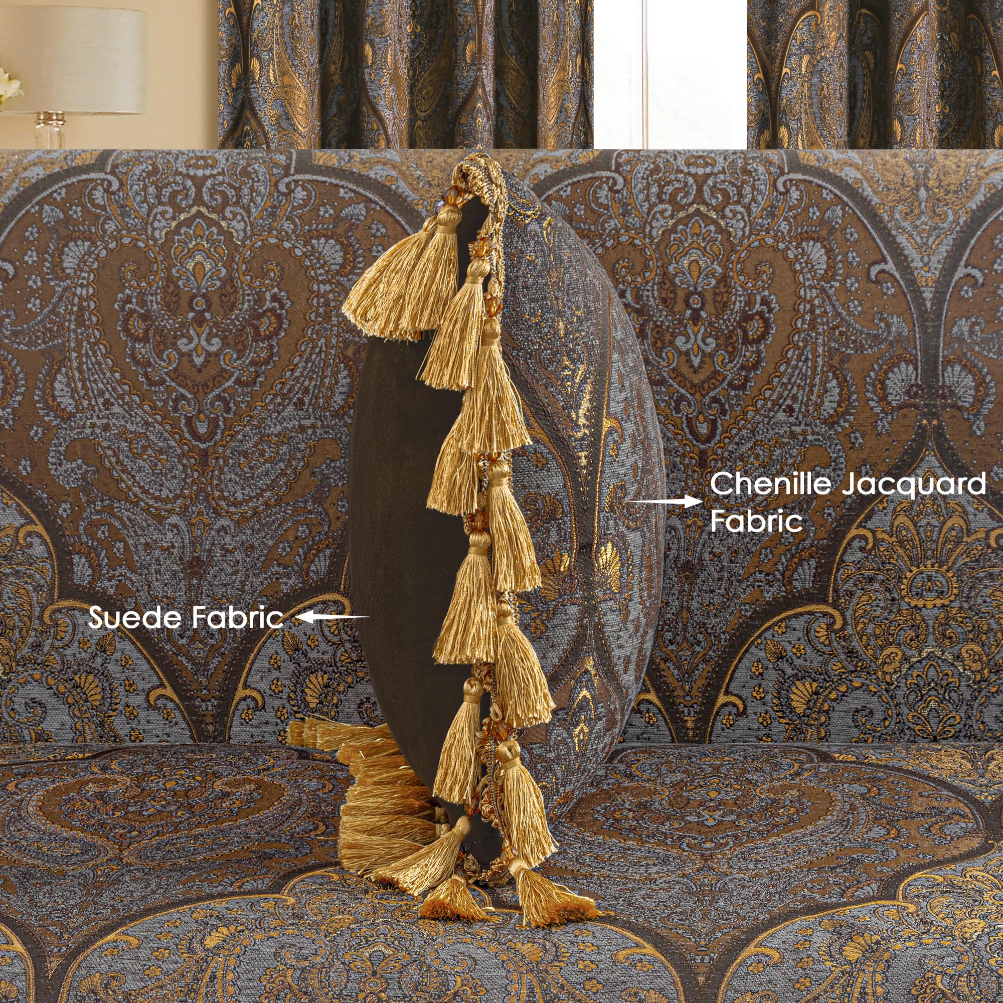 Loom and Mill 1 x luxuriöser Zierkissenbezug mit Quasten, Jacquard-Damast-Kissenbezüge für Wohnzimmer, Schlafzimmer, Sofa, Couch, Stuhl, 50,8 x 50,8 cm, Bronze-Gold