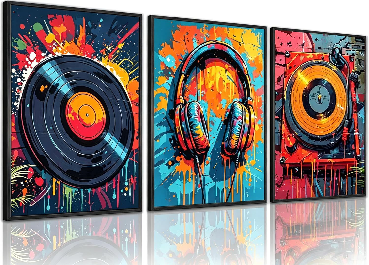 3Pcs Graffiti Music Canvas Wall Art Pop Art Vinyl Record Headphones Painting Picture Wall Decor Street Art Retro Turntable Poster Prints for Teen Bedroom, Music Studio, Club Home Decoration 12x16in