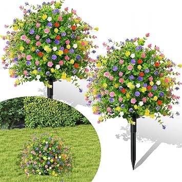 2 Pack Artificial Topiary Ball Trees with Camellia Flowers, 21.26" Artificial Outdoor Shrubs with Ground Spike, UV Resistant Fake Bushes for Outdoor Indoor Front Porch Garden Colorful Camellia