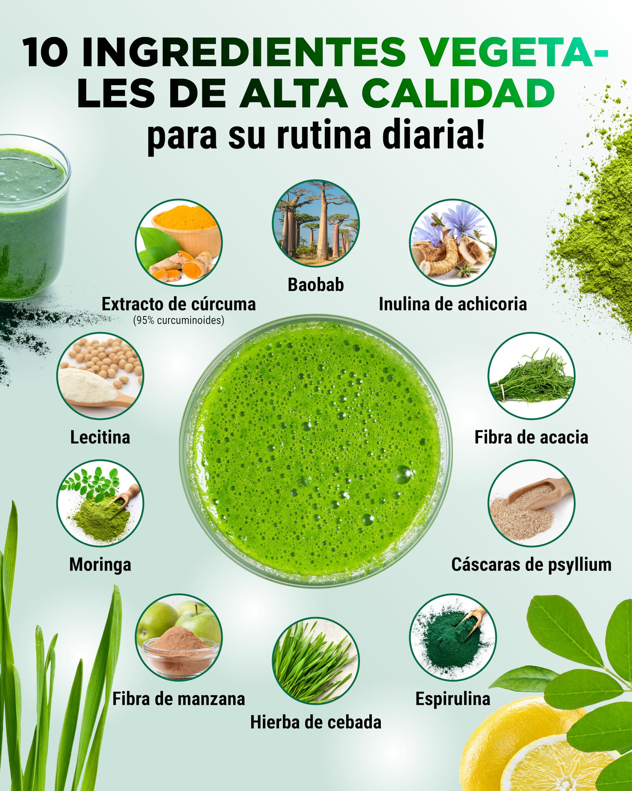vit4ever Daily Greens & Fiber - Polvo 600 g - 16 g de Fibra - Limón