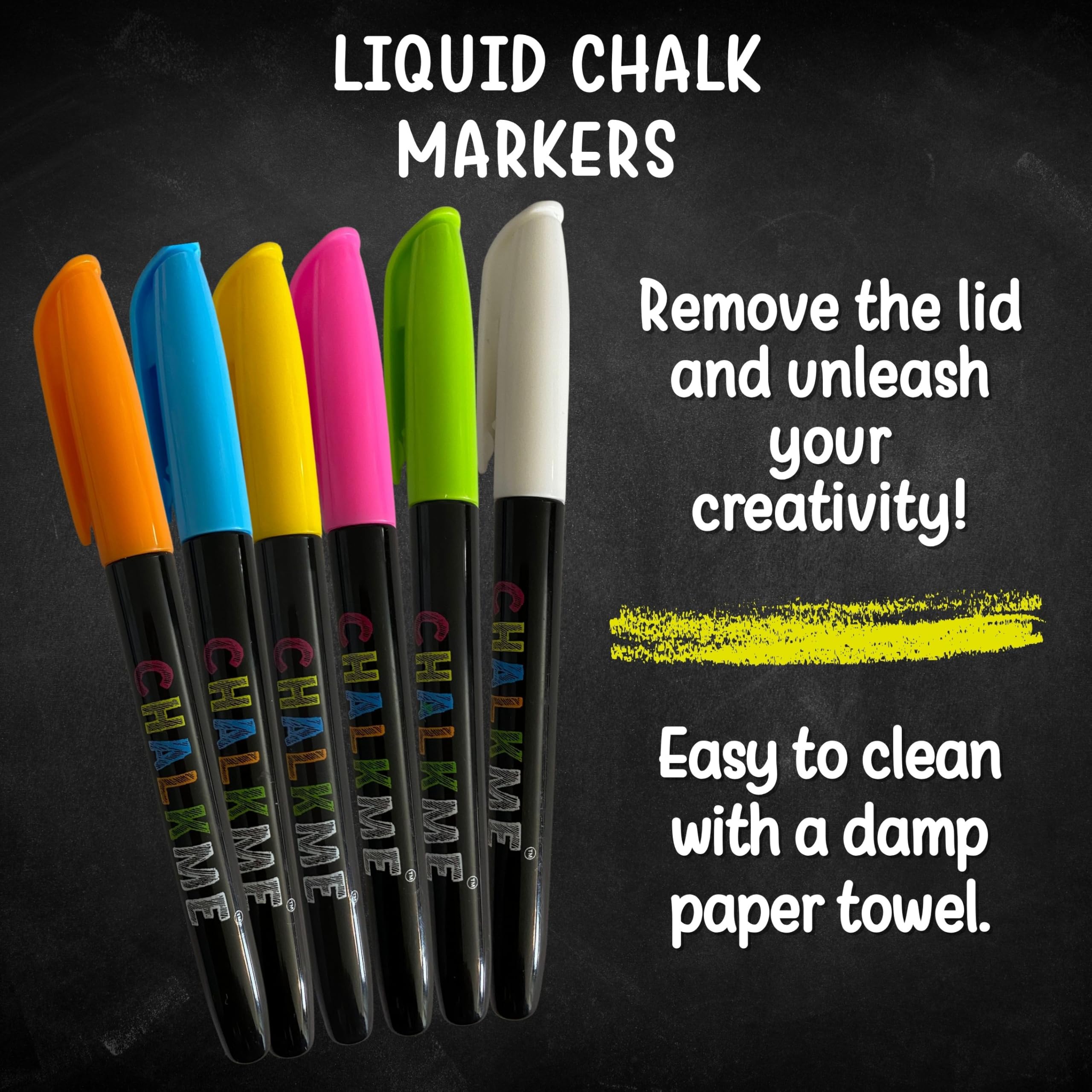 CHALKME - Liquid Chalk Markers, 6 Pack, Dust-free, Water Based, 4 Mm Tip, Non-valve Washable Markers for Kids, Bright Colors