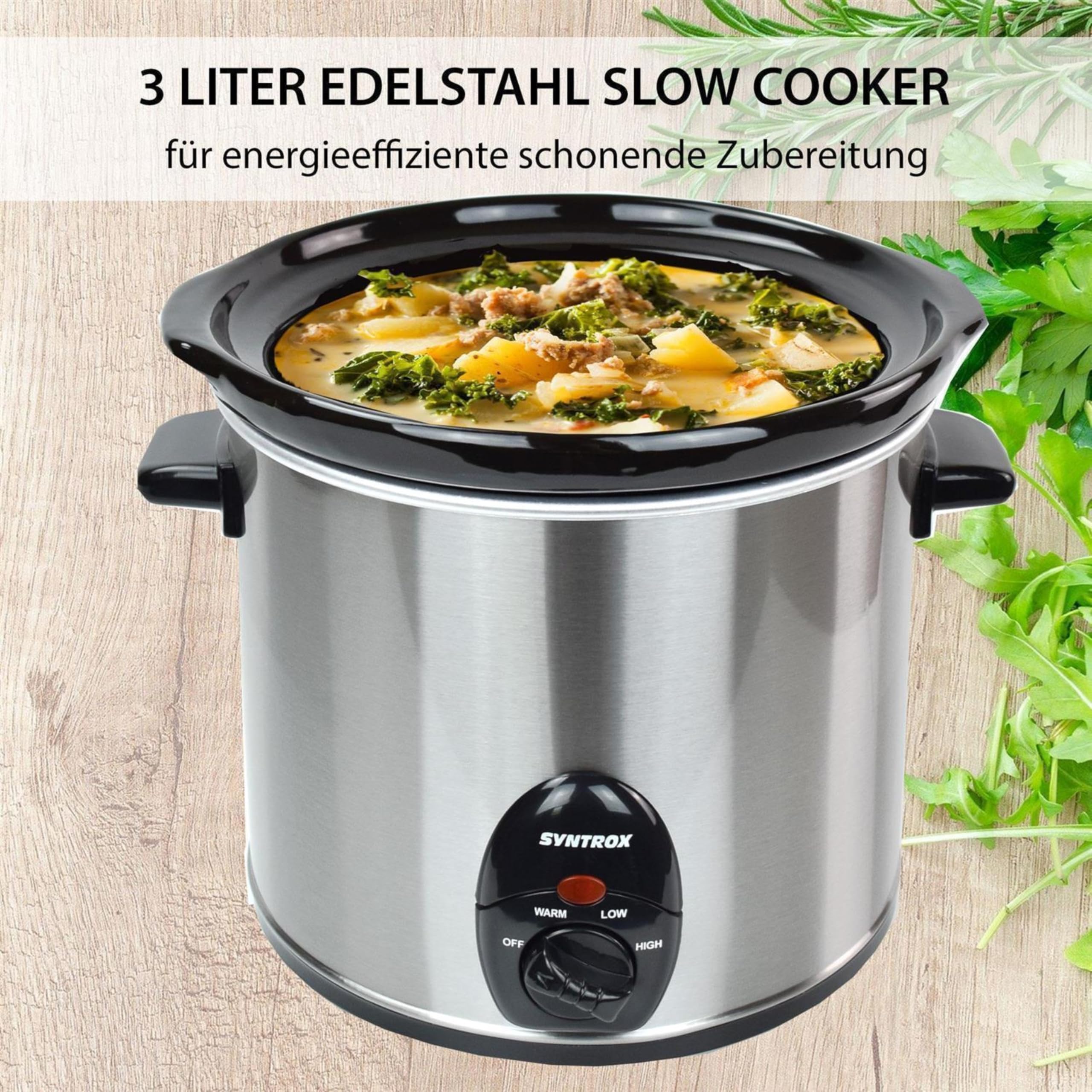 Syntrox Germany 3,0 l Slow Cooker | Schmortopf | Schongarer | Multikocher Delira, Edelstahl, Warmhaltefunktion, Keramik Servierschüssel, rutschsichere Standfüße, Spülmaschinengeeignet